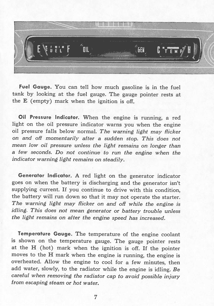 1955 Ford Owner’s Manual  page 7 - Fuel Gauge, Oil Pressure Indicator, Generator Indicator, Temperature Gauge